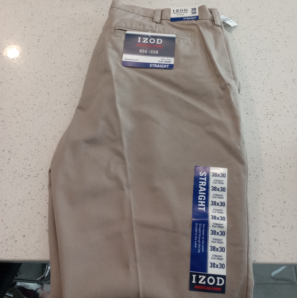 NWT IZOD American Chino Pants Mens 38x30 Khaki Straight Fit Flat Front Casual